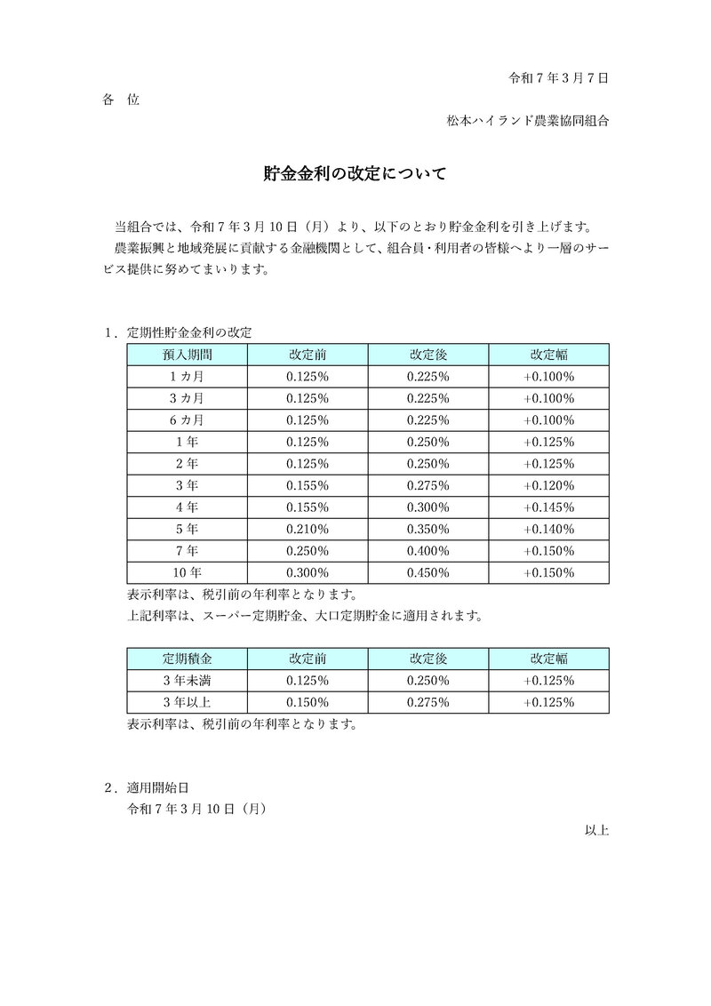 貯金金利の改定について