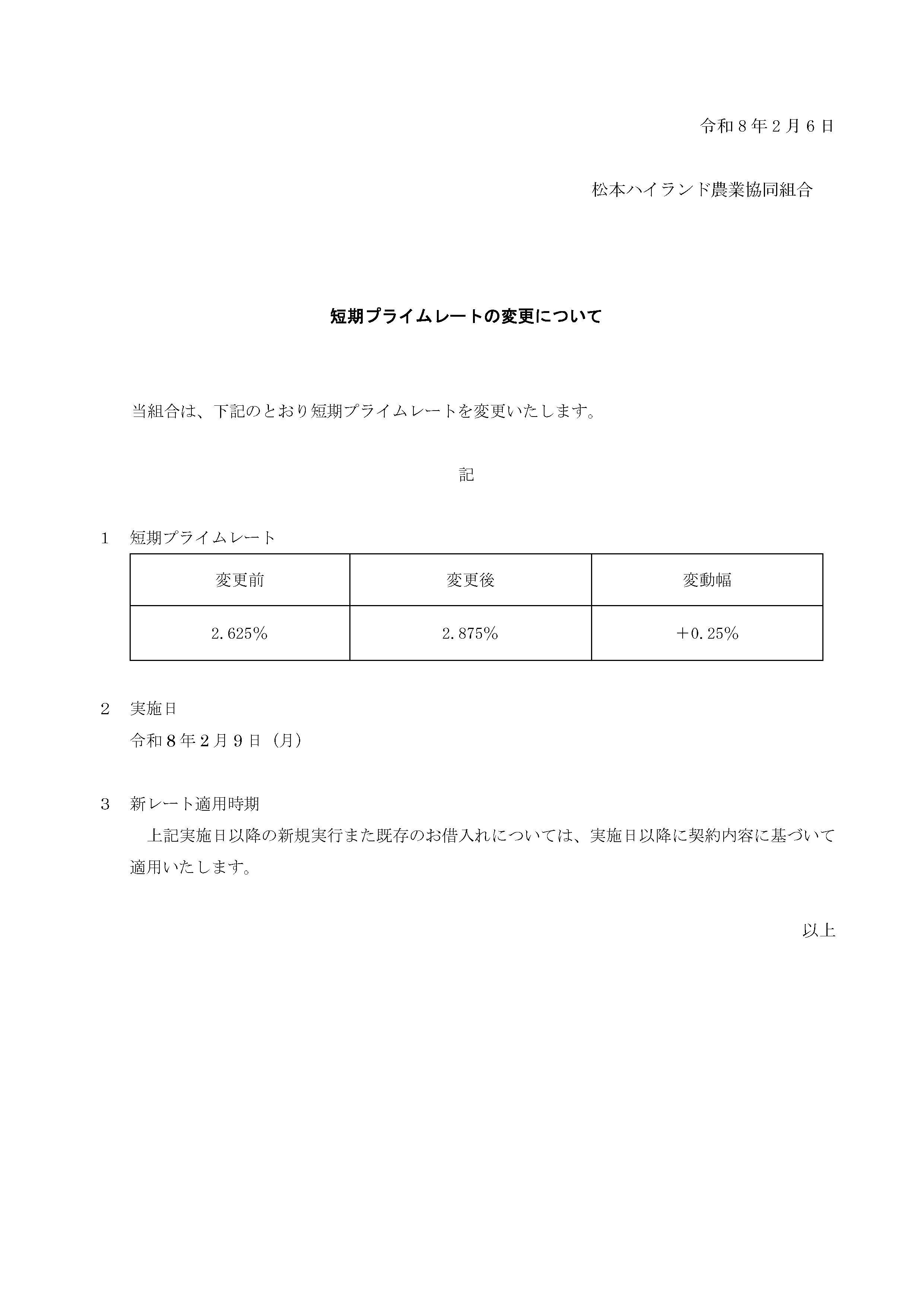 短期プライムレートの変更について