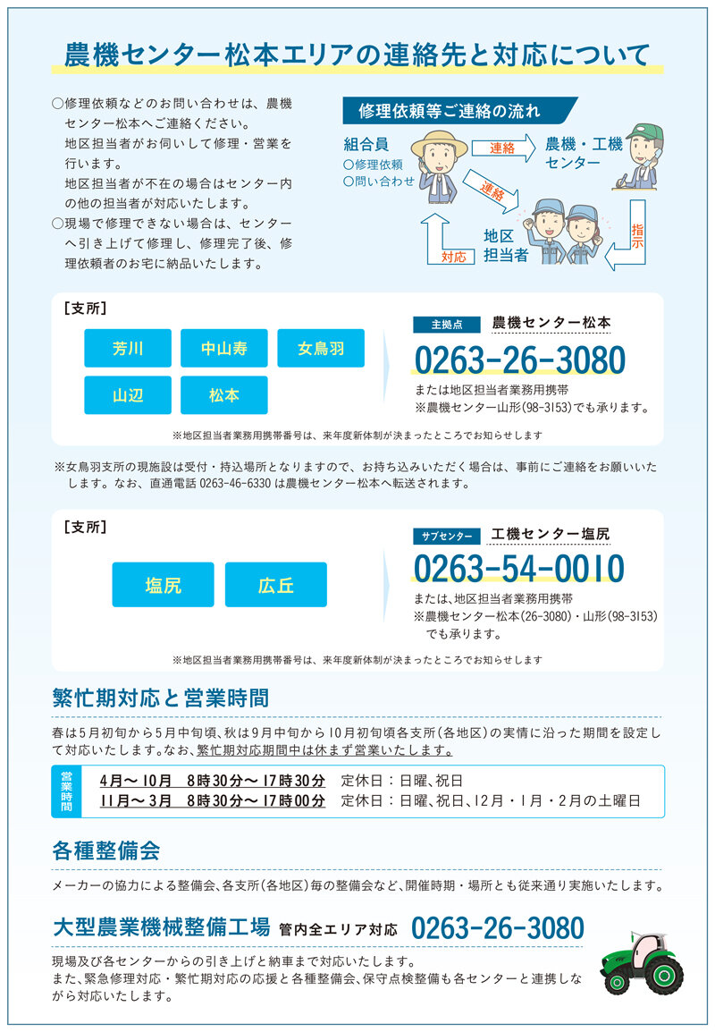 農機センター松本エリアの連絡先と対応について