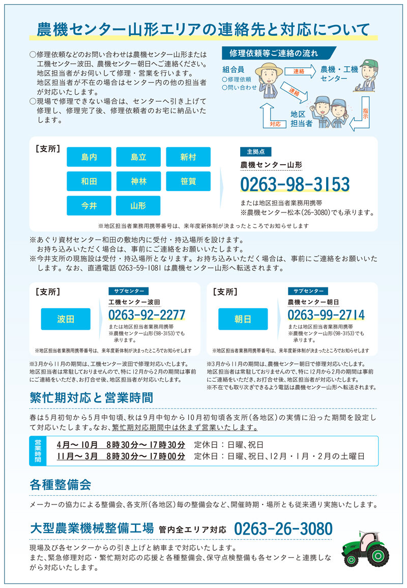 農機センター山形エリアの連絡先と対応について