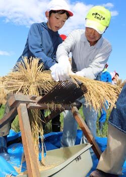 農業の進歩をまなぶ　地域づくり組織が小学生に米作りを指導