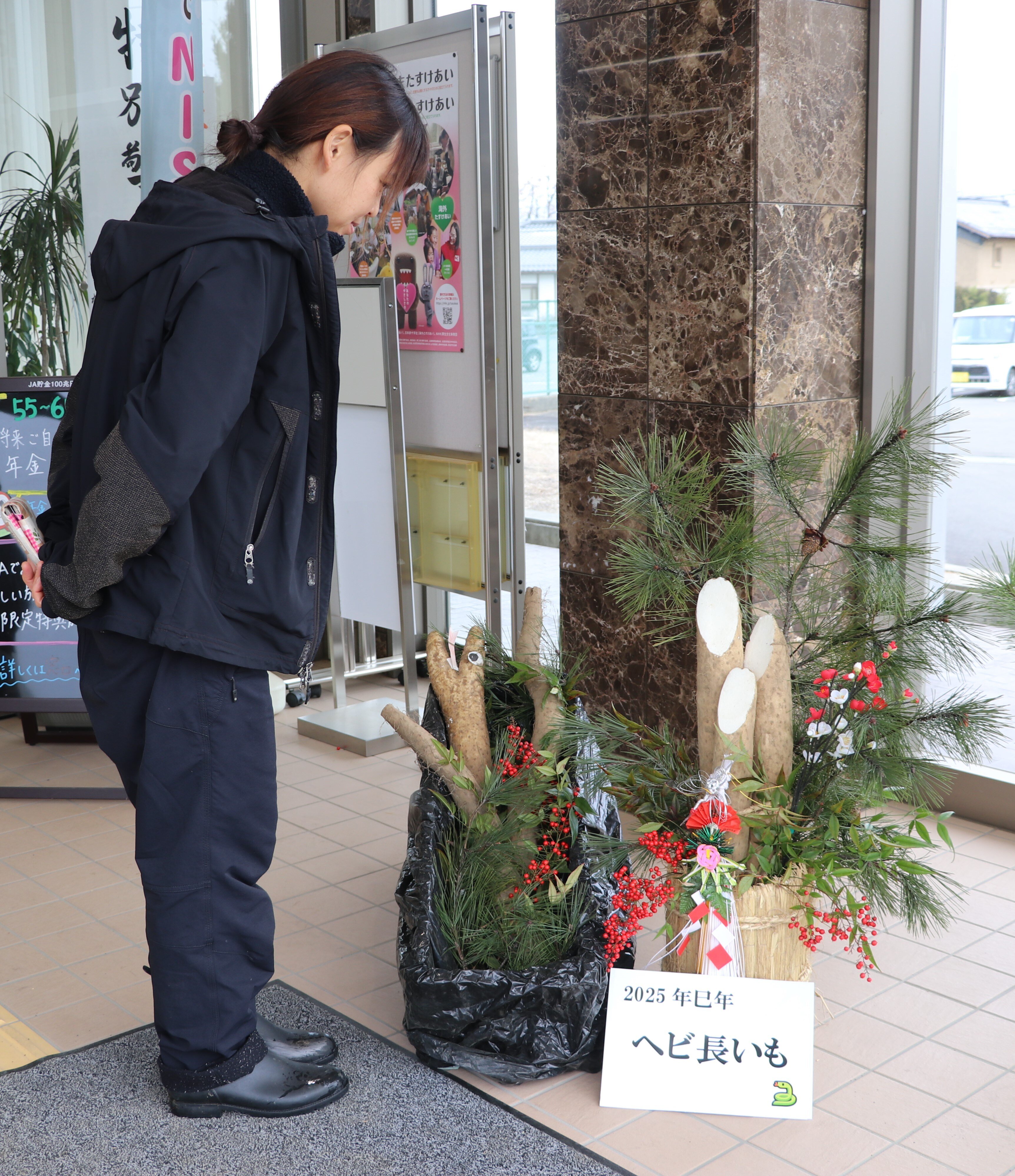 見た人が笑顔になって健康で過ごせる一年に　「ナガイモ門松」で正月を彩る