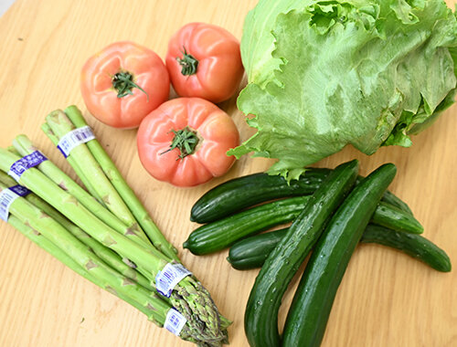 今が旬の野菜（レタス、キュウリ、アスパラガス、トマト）の写真